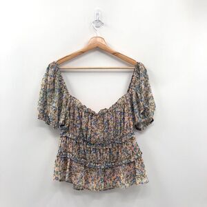 ASTR The Label Ruffle Ruched‎ Short Sleeve Top PEACH BLUE DITSY M